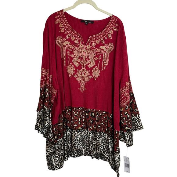 Calessa Womens Tunic Top 2X Red Embroidered Boho Animal Print Mixed Fabric - Picture 1 of 9